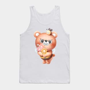 Cheerful Cartoon Bear with Flowers and Bee Illustration Tank Top